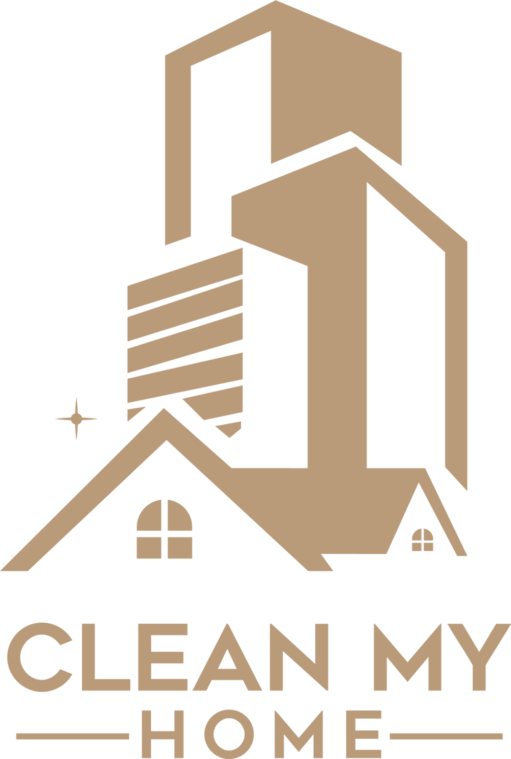 Blaues Logo mit stilisierten Gebäuden, Häuserdächern und Text "CLEAN MY HOME".